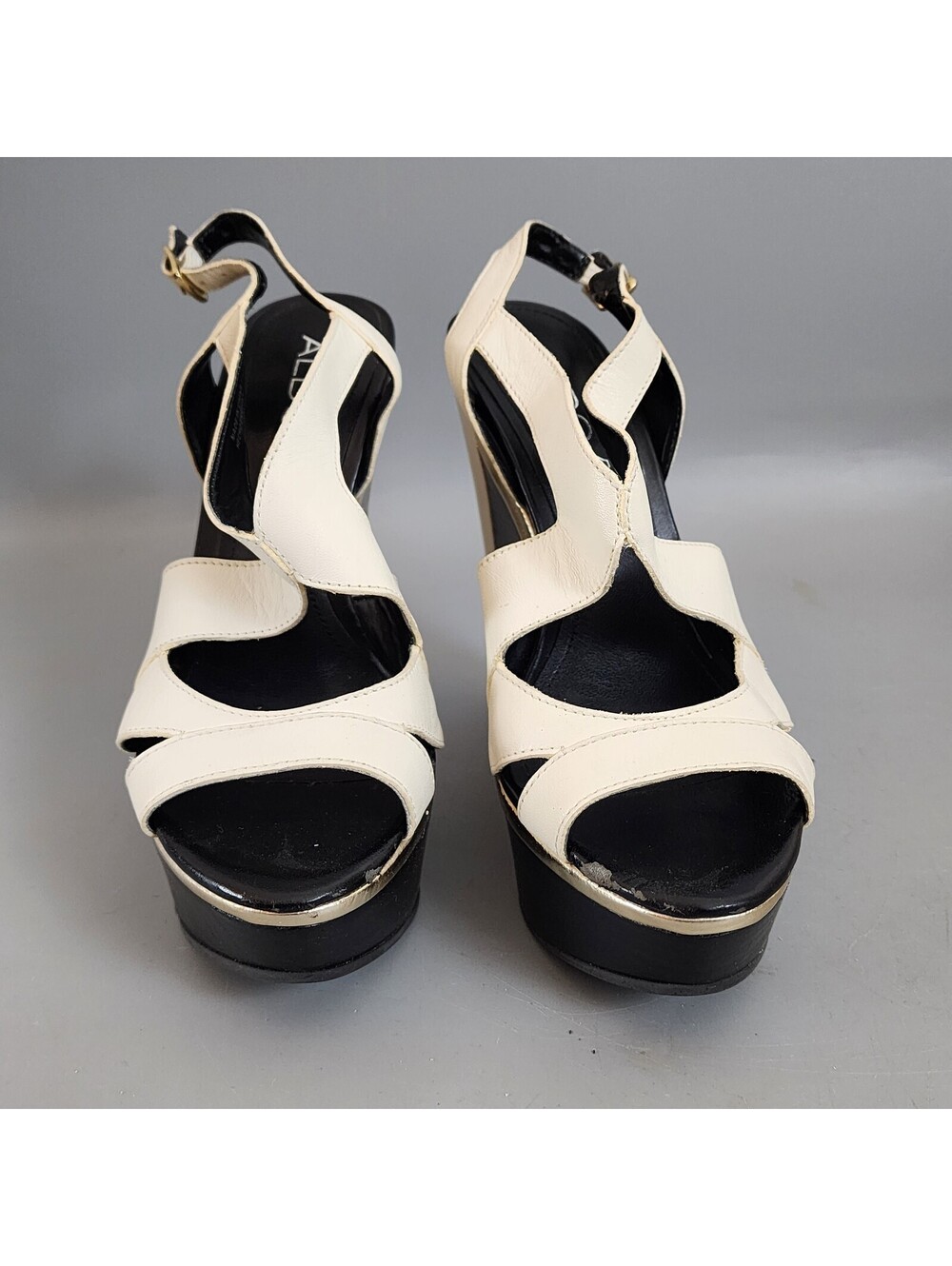 Aldo Platform Wedge Sandals Women Size 6 Black and White Leather